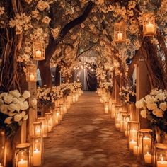 an outdoor ceremony with candles and flowers