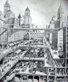 a drawing of a train station in the middle of a city with lots of tall buildings