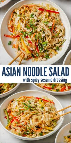 Bursting with bright colors, this spicy Asian noodle salad is tossed with fresh crunchy veggies and a spicy sesame dressing for a flavor party in your mouth. It only takes 25 minutes to make and is great for taking to work! Asian Noodle Salad Recipe, Spicy Asian Noodles, Asian Pasta Salads, Easy Asian Noodles, Asian Pasta, Cold Sesame Noodles, Noodle Salad Cold, Asian Noodle Salad, Crunchy Veggies