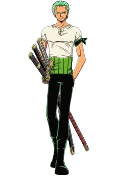 an anime character with green hair and white shirt holding two baseball bats in his hands