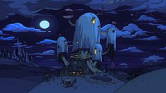 an animated image of a giant blue creature in the middle of a night time scene