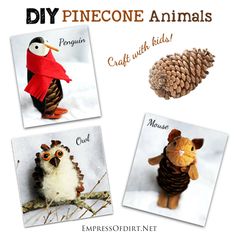 pinecone animals are shown in three different pictures