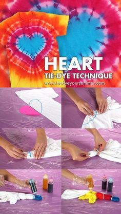 tie - dyed heart t - shirt being made by someone using scissors and glues