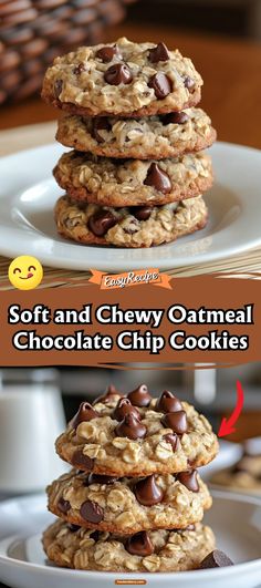 soft and chewy oatmeal chocolate chip cookies are stacked on a white plate