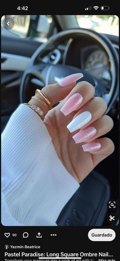 Pink And White Barbie Nails, White And Colorful Nails, Pink And White Ballerina Nails, Pink And White Nails With Glitter, Pink Ombré French Nails, Pink Nails And White, Pink And White Nails Acrylic, Light Pink And White Nails, Square Ombre Nails