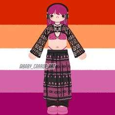 a girl with pink hair and headphones standing in front of a rainbow striped background