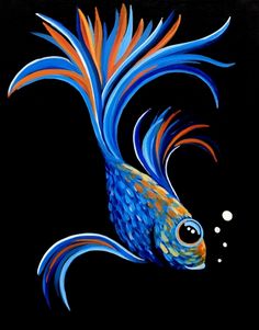 a painting of a blue and orange fish with bubbles in it's mouth on a black background