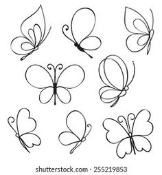 six different butterflies drawn in black ink