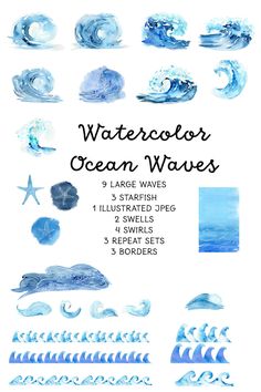 watercolor ocean waves in blue and white with the words,'watercolor ocean waves '