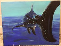 an acrylic painting of a whale jumping out of the water with dots on it