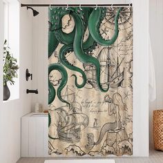 an octopus shower curtain in a bathroom