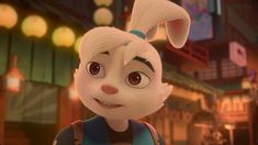 the animated character is standing in front of a building and looking into the camera with big eyes