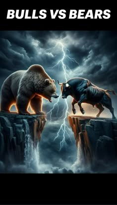 two bears facing each other on top of a cliff with lightning in the sky behind them