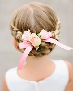 Flower Girl Hairstyles Updo, Flower Girl Updo, Girls Updo, Flower Braids, Flowers In Her Hair, Elegant Wedding Hair, Ribbon Hairstyle, Super Hair, Flower Girl Hairstyles