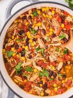 a large pot filled with chicken, beans and tortilla soup next to cilantro