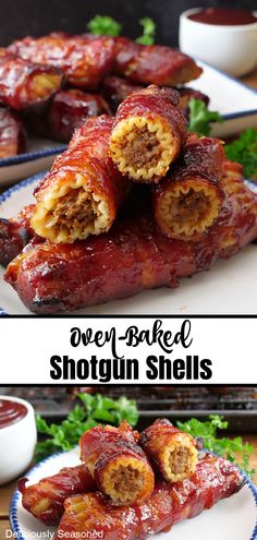 A double collage photo of oven-baked shotgun shells on a white plate with blue trim. Baked Shotgun Shells, Shotgun Shells Recipe, Stuffed Shells Recipe, Delicious Appetizer Recipes, Best Appetizer Recipes, Appetizers Easy Finger Food, Best Appetizers, Beef Dishes