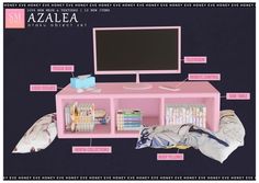 a pink computer desk with lots of items labeled in english and arabic on the side