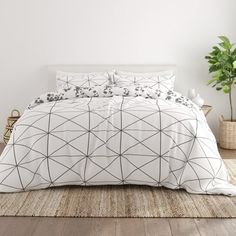 a white bed with black and white comforter in a room next to a potted plant