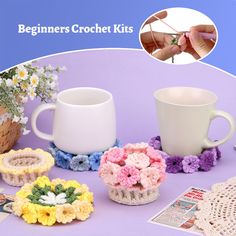 crochet coffee mug cozyies and coasters on a purple background with the title beginner's crochet kits