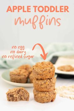 apple toddler muffins stacked on top of each other in front of a plate