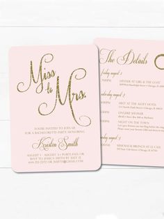 a pink and gold wedding card with the word miss to mrs on it's front