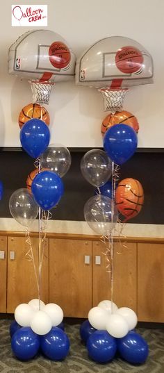 balloons and basketballs are on display in the lobby