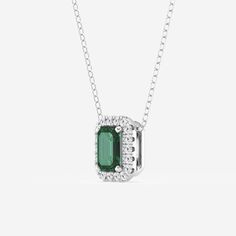 6.7x4.69 mm Created Emerald and 1/5 ctw Round Lab Grown Diamond Halo Pendant with Adjustable Chain Platinum Platinum Chain, White Gold Chains, Halo Pendant, Emerald Color, Metal Shop, Emerald Stone, Dream House Exterior, Perfect Engagement Ring