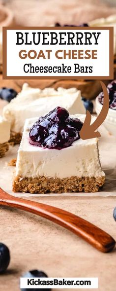 blueberry goat cheese cheesecake bars on a cutting board