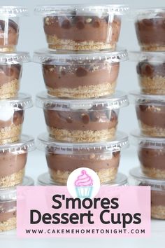 small dessert cups with chocolate frosting and sprinkles on top are stacked in plastic containers