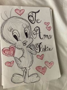 a drawing of a cartoon character with hearts in the background