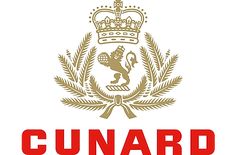 the cunard logo is shown in red and gold, with a crown on top