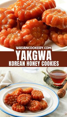 some food that is on a plate and in front of the words yakgya korean honey cookies