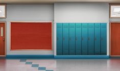 an empty room with blue lockers and red doors