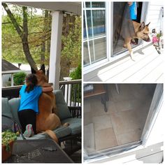 two pictures of people and their dogs on the front porch, one is looking out the window