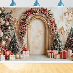 a room decorated with christmas trees, presents and gifts in front of an arch doorway