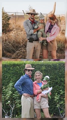 four different pictures of people in hats and clothes, one with a baby on his lap