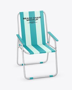 a blue and white striped beach chair with the words beach chair mockup on it