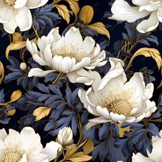 white flowers with blue leaves on a black background in an art nouveau style pattern,