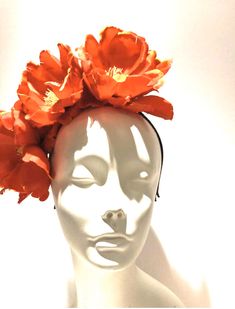 Magnolia Fascinator -Flower Headband- Horse Race- Derby- Wedding- Garden Party- Polo Match Hello, This orange fascinator is made with 3 magnolia blossoms are 6 inches wide. It placed on magnolia leaves. It is attached to a satin covered skinny headband and is adjustable. It's very comfortable and will fit any size head. Colors available: A ) Burnt orange B) wine C) Carmel/taupe D) teal F) sage green Ivory (not shown) --------------------------------- Veil: You can add a birdcage veil for $25. ve Spring Evening Headband With Handmade Flowers, Handmade Flowers Headband For Spring Evening, Handmade Flowers Headband For Evening In Spring, Handmade Floral Headband For Spring Evenings, Elegant Orange Headpiece For Spring, Orange Spring Evening Fascinator, Spring Evening Orange Fascinator, Orange Summer Headband Fascinator, Orange Spring Headband