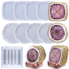 an assortment of pink and white plates with gold trimmings on each one side