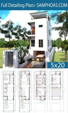 three story house plan with floor plans and elevation details for each building in the same area