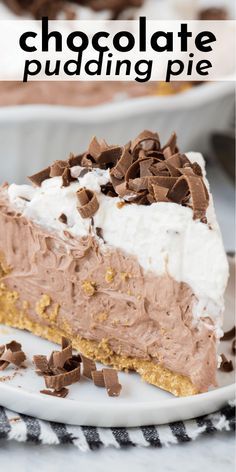 a slice of chocolate puddinging pie on a plate