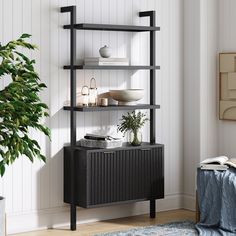 a living room with a plant and bookshelf next to the wall in front of it