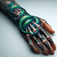 Life Emerges From Death: This skeleton hand tattoo takes a vibrant turn with a life-like green snake gracefully coiled across the meticulously detailed bones. It's a captivating reminder of life's enduring power. #pocoko #skeletonhandtattoo #snaketattoo Girly Skeleton Tattoo, Snake Hand Tattoo, Dragon Hand Tattoo, Skeleton Hand Tattoos, Punk Tattoos, Skull Art Tattoo, Skull Hand Tattoo, Skeleton Tattoo, Uv Tattoo