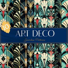 an art deco book cover with blue and green designs