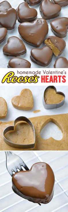 heart shaped cookies being made with chocolate and peanut butter