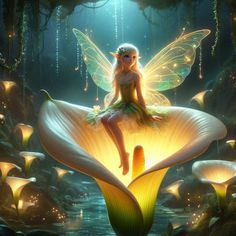 a fairy sitting on top of a flower in the middle of a forest with lots of lights