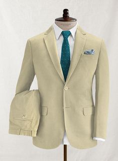 Truly unique and fascinating, make your tailored collection a bit more special by adding this Stretch Summer Weight Khaki Chino suit. Crafted from cotton lycra blend, this suit offers natural stretch for effortless motion. Combine it with a matching waistcoat, a crisp white shirt, brown patterned tie and brown shoes. L Elegant White Cotton Blazer, White Cotton Semi-formal Suit, Fitted Cotton Sets For Formal Occasions, Fitted Cotton Formal Set, Fitted Beige Single Button Suit, Fitted Cotton Suits With Notch Lapel, Fitted Cotton Suit With Notch Lapel, White Cotton Blazer For Semi-formal Occasions, White Cotton Semi-formal Blazer