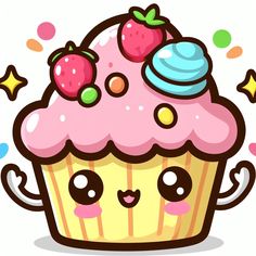 a cartoon cupcake with pink frosting and strawberries on top