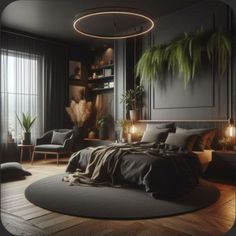 a bedroom with black walls, wooden floors and lots of plants in the corner on the bed